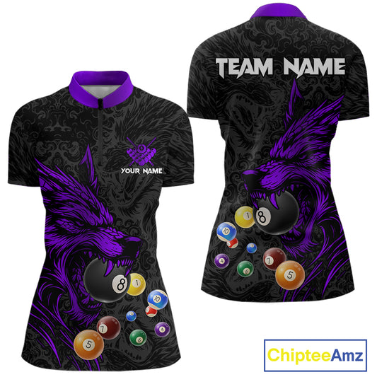Personalized Wolf Billiard Balls Pool Shirt For Women, Black And Purple Billiard League Team Jersey TDM5203