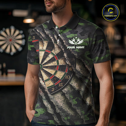 Green Retro Grunge Camo Darts Shirt For Men Custom Darts Jersey Team Polo & Quarter Zip Uniform TDM5450