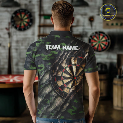 Green Retro Grunge Camo Darts Shirt For Men Custom Darts Jersey Team Polo & Quarter Zip Uniform TDM5450