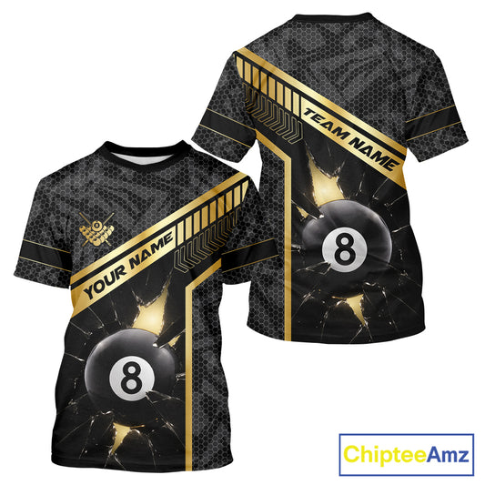 Black And Gold 8 Ball Break Glass Billiard T-Shirt For Men Custom Pool Team Jersey, Billiard Gifts TDM6069