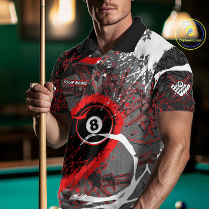 Red Grunge 8 Ball Pool Custom Billiard Shirts For Men, Billiard Team Jerseys Polo 1/4 Zip TDM6073