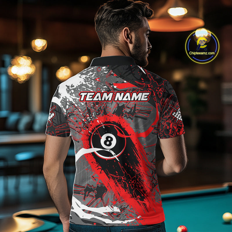 Red Grunge 8 Ball Pool Custom Billiard Shirts For Men, Billiard Team Jerseys Polo 1/4 Zip TDM6073