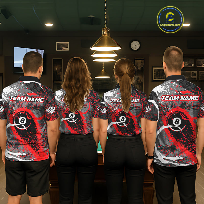Red Grunge 8 Ball Pool Custom Billiard Shirts For Men, Billiard Team Jerseys Polo 1/4 Zip TDM6073