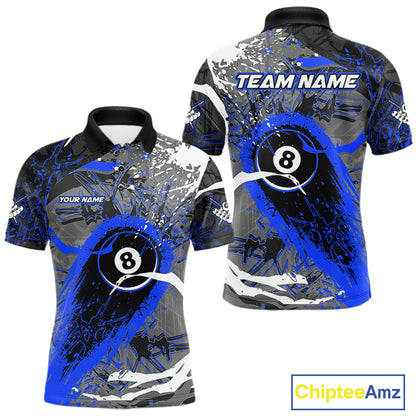 Blue Grunge 8 Ball Pool Custom Billiard Shirts For Men, Billiard Team Jerseys Polo 1/4 Zip TDM6074