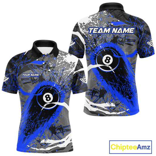 Blue Grunge 8 Ball Pool Custom Billiard Shirts For Men, Billiard Team Jerseys Polo 1/4 Zip TDM6074