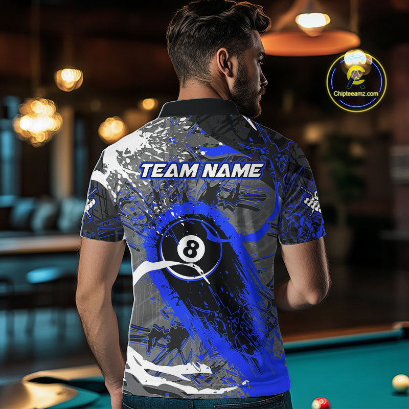 Blue Grunge 8 Ball Pool Custom Billiard Shirts For Men, Billiard Team Jerseys Polo 1/4 Zip TDM6074
