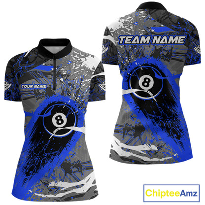 Blue Grunge 8 Ball Pool Custom Billiard Shirts For Women, Billiard Team Jerseys Polo 1/4 Zip TDM6074