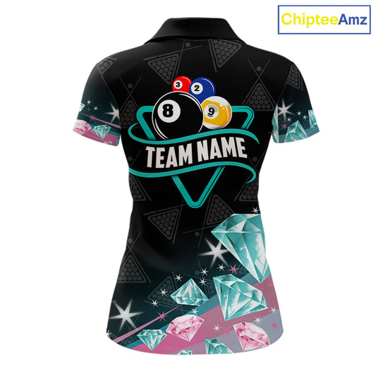 Funny Pink And Turquoise Diamonds Billiard Shirt For Women, 8 Ball Pool Team Jersey Polo & 1/4 Zip TDM6325