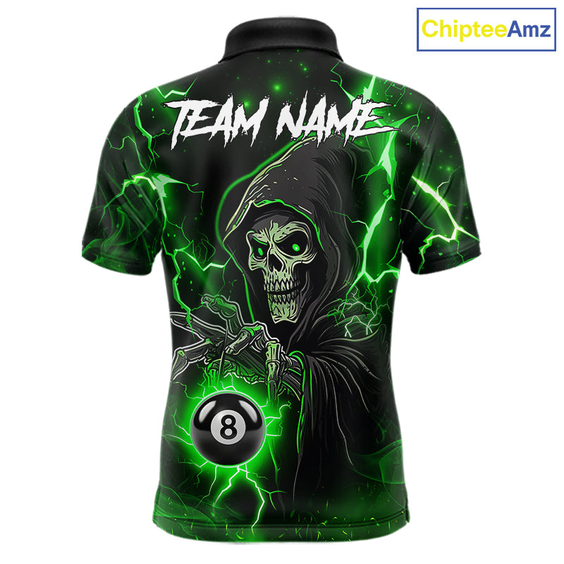Green Grim Reaper 8 Ball Billiard Shirt For Men Custom Lightning Billiard Team Jersey Polo, 1/4 Zip TDM6326
