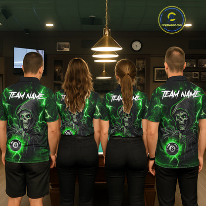 Green Grim Reaper 8 Ball Billiard Shirt For Women Custom Lightning Billiard Team Jersey Polo, 1/4 Zip TDM6326