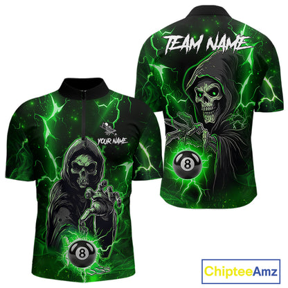 Green Grim Reaper 8 Ball Billiard Shirt For Men Custom Lightning Billiard Team Jersey Polo, 1/4 Zip TDM6326