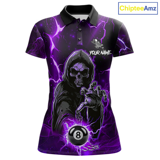 Purple Grim Reaper 8 Ball Billiard Shirt For Women Custom Lightning Pool Team Jersey Polo, 1/4 Zip TDM6328