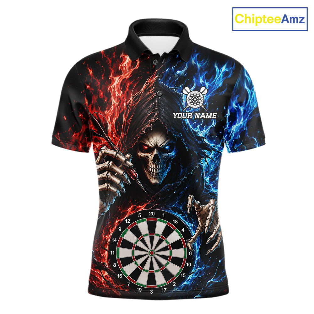 Blue And Red Flaming Grim Reaper Darts Shirts For Men Custom Darts Team Jersey Polo & 1/4 Zip TDM6503