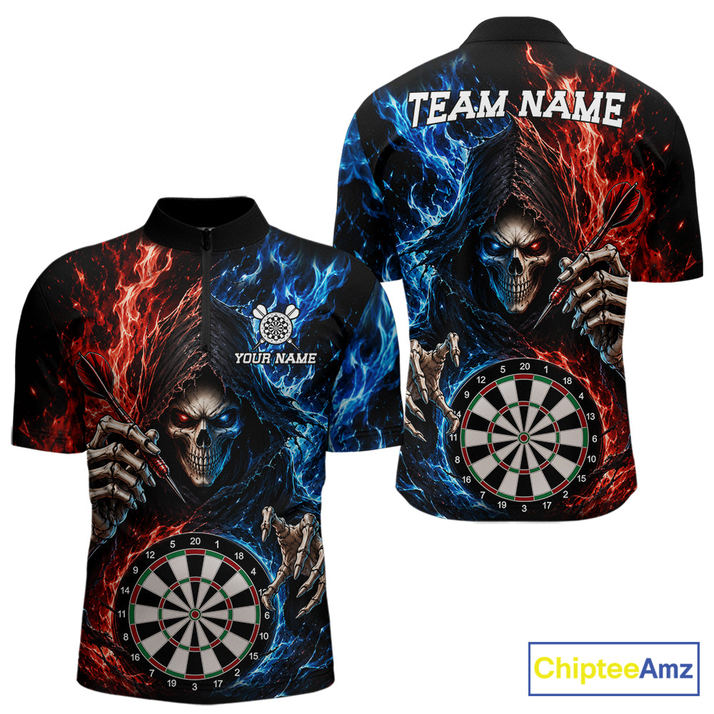 Blue And Red Flaming Grim Reaper Darts Shirts For Men Custom Darts Team Jersey Polo & 1/4 Zip TDM6503