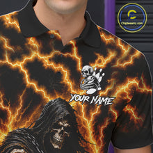 Load image into Gallery viewer, Close-up of the custom yellow lightning Grim Reaper bowling team jersey polo shirt showing the collar, buttons, premium performance fabric and detailed Grim Reaper graphics.