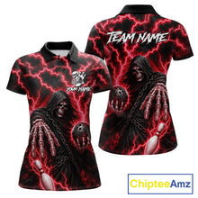 Load image into Gallery viewer, Custom red lightning Grim Reaper bowling league team jersey polo shirt for women featuring a fierce Grim Reaper with red lightning artwork, premium custom bowling league apparel for tournaments, league nights and competitive bowling teams.