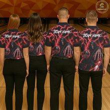 Load image into Gallery viewer, Bowling team wearing matching custom red lightning Grim Reaper bowling league team jerseys featuring premium Grim Reaper and lightning artwork, back view.