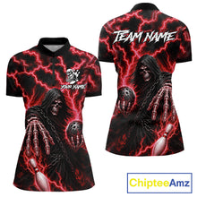 Load image into Gallery viewer, Custom red lightning Grim Reaper bowling league team jersey quarter zip shirt for women featuring striking Grim Reaper and red lightning graphics, premium custom bowling league apparel.