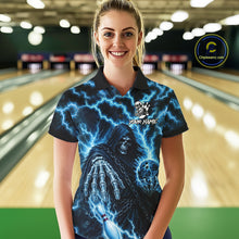 Load image into Gallery viewer, Woman wearing custom blue lightning Grim Reaper bowling team jersey polo shirt featuring blue lightning Grim Reaper artwork, front view.
