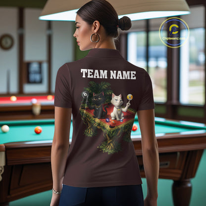 Red Funny Cat 8 Ball & 9 Ball Billiard Shirt For Women Custom Pool Team Jersey Polo & 1/4 Zip TDM7240