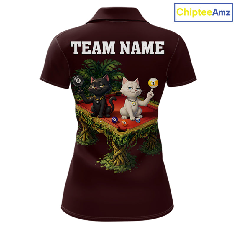 Red Funny Cat 8 Ball & 9 Ball Billiard Shirt For Women Custom Pool Team Jersey Polo & 1/4 Zip TDM7240