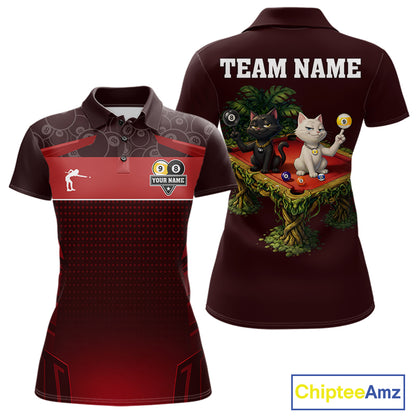 Red Funny Cat 8 Ball & 9 Ball Billiard Shirt For Women Custom Pool Team Jersey Polo & 1/4 Zip TDM7240