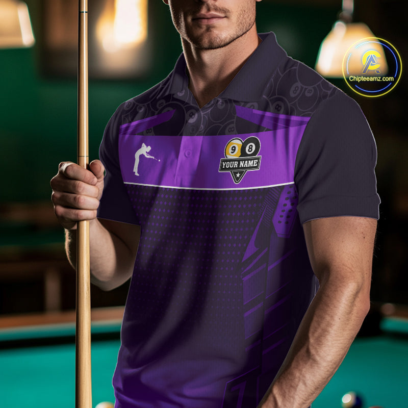 Purple Funny Tropical 8 Ball & 9 Ball Billiard Shirt For Men Custom Pool Team Jersey Polo, 1/4 Zip TDM7243