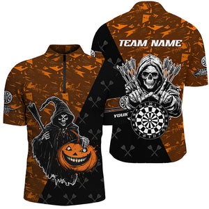 Personalized Orange Abstract Death Skeleton Halloween Darts Shirts For Men, Scary Darts Jerseys TDM2736