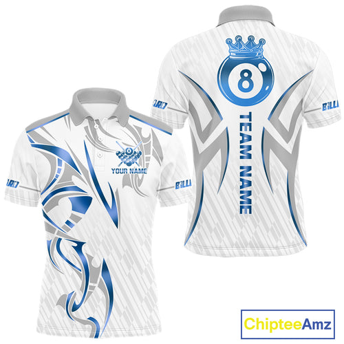 White And Blue Crown 8 Ball Men's Billiards Shirts Custom Billiard Jersey Team Polo & 1/4 Zip TDM5213