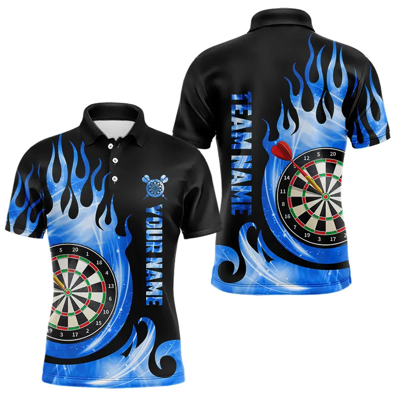 Black Blue Fire Flame Light Darts Polo & Quarter Zip Custom Dart Shirts For Men League Dart Jerseys TDM3424