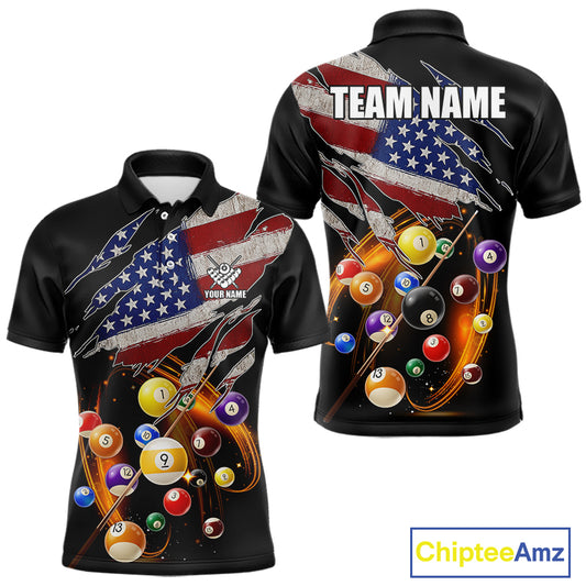 American Flag Pool Balls Billiard Shirt For Men Custom Patriotic Billiard Jersey Polo & 1/4 Zip TDM5730