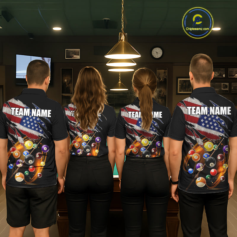 American Flag Pool Balls Billiard Shirt For Men Custom Patriotic Billiard Jersey Polo & 1/4 Zip TDM5730