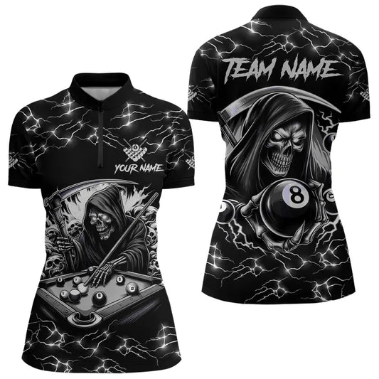Black White Funny Grim Reaper 8 Ball Pool Women Billiard Shirts Custom Lightning Billiard Jerseys TDM3726