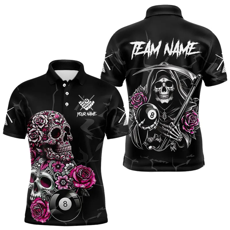 Personalized Pink Funny Skull Roses 8 Ball Billiard Shirts For Men Custom Pool Team Shirts TDM3729