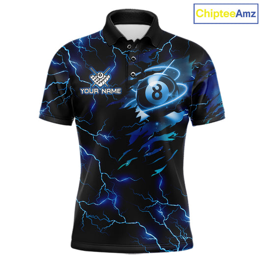 Blue 8 Ball Pool Lighting Billiard Shirt For Men Custom Glowing Billiard Team Jersey Polo, 1/4 Zip TDM6332