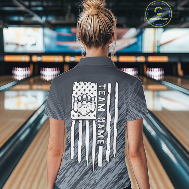 Custom Grey Grunge American Flag Bowling Shirt For Women, Patriotic Bowling Jersey Polo & 1/4 Zip TDM6516