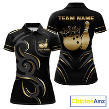 Load image into Gallery viewer, Black and gold crown bowling ball polo shirt for women with tribal bowling team graphics.