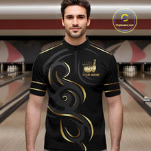 Load image into Gallery viewer, Man wearing a black and gold crown bowling ball quarter zip jersey during league competition front view.