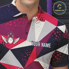 Load image into Gallery viewer, Close-up of a geometric bowling tournament polo shirt collar, buttons, and geometric artwork.