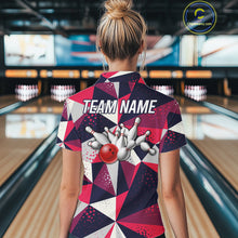 Load image into Gallery viewer, Back view of woman wearing a geometric bowling tournament polo shirt inside a bowling alley.