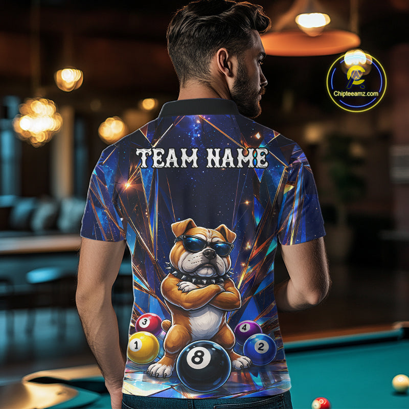 Man wearing personalized funny crystal bulldog 8 ball pool billiard team jersey polo shirt featuring crystal bulldog and 8 ball artwork, back view.