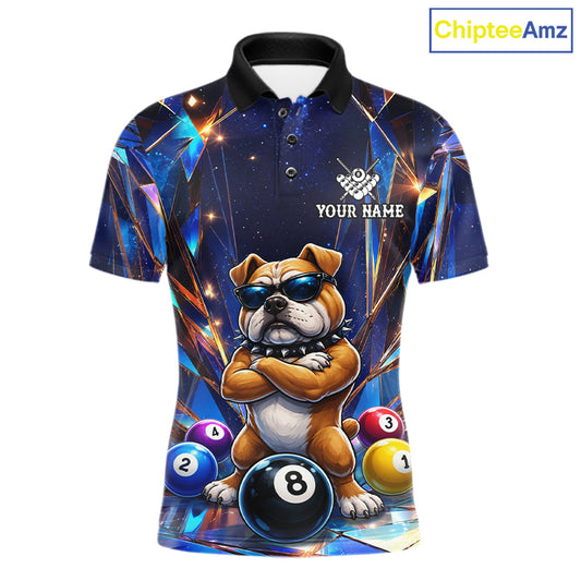 Personalized funny crystal bulldog 8 ball pool billiard team jersey polo shirt for men featuring colorful crystal bulldog artwork, premium custom billiard apparel for league matches and tournament play.