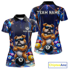 Load image into Gallery viewer, Personalized funny crystal bulldog 8 ball pool billiard team jersey polo shirt for women featuring colorful crystal bulldog artwork, premium custom billiard apparel for league matches and tournament play.