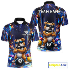 Load image into Gallery viewer, Personalized funny crystal bulldog 8 ball pool billiard team jersey polo shirt for men featuring colorful crystal bulldog artwork, premium custom billiard apparel for league matches and tournament play.