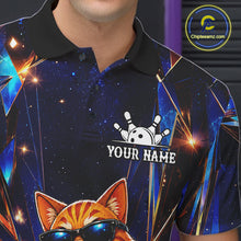 Load image into Gallery viewer, Close-up of the personalized funny crystal cat bowling team jersey polo shirt showing the collar, buttons, premium performance fabric and detailed crystal cat graphics.