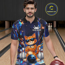 Load image into Gallery viewer, Man wearing personalized funny crystal cat bowling team jersey polo shirt featuring crystal cat artwork, front view.