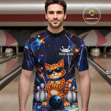 Load image into Gallery viewer, Man wearing personalized funny crystal cat bowling team jersey quarter zip shirt featuring crystal cat artwork, front view.