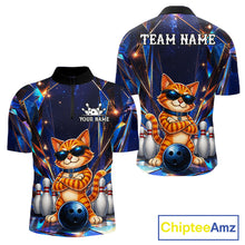 Load image into Gallery viewer, Personalized funny crystal cat bowling team jersey quarter zip shirt for men featuring colorful crystal cat graphics, premium custom bowling league apparel.