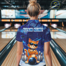 Load image into Gallery viewer, Woman wearing personalized blue funny cat bowling team jersey quarter zip shirt featuring blue funny cat artwork, front view.