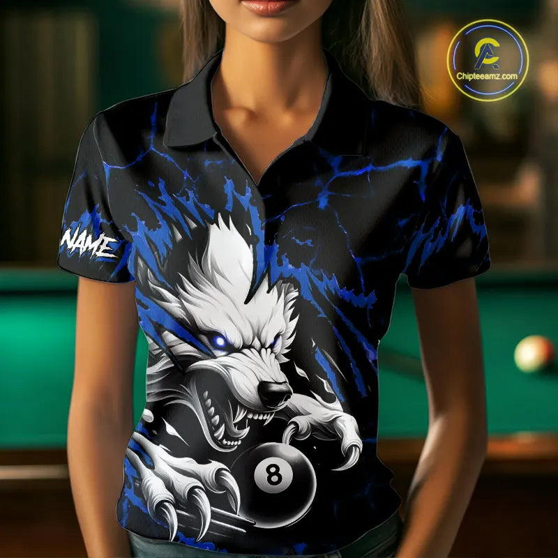 Personalized Thunder Lightning Wolf Billiard Shirts For Women Custom Billiard Team Jerseys |Blue TDM5466